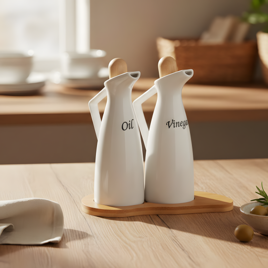 Ceramic Oil Dispenser with Wooden Base - 2 Pcs